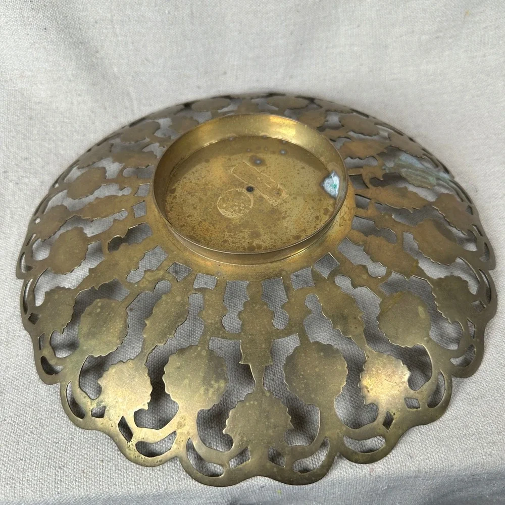Vintage Pierced Brass Enamel Floral Mandala Bowl 11 Inch Decor Bohemian Tray